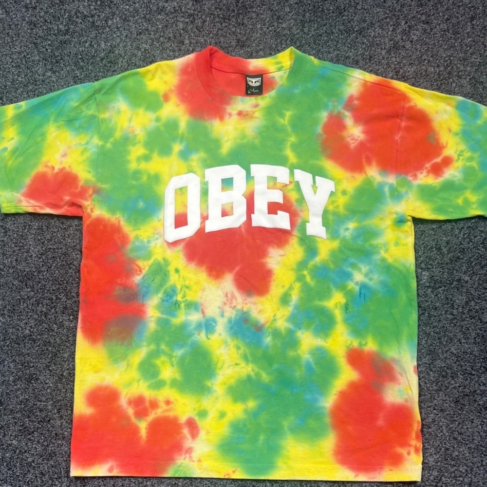 Obey Mens Tie Dye T-Shirt Large Red Yellow Green Rasta Graphic Logo Streetwear